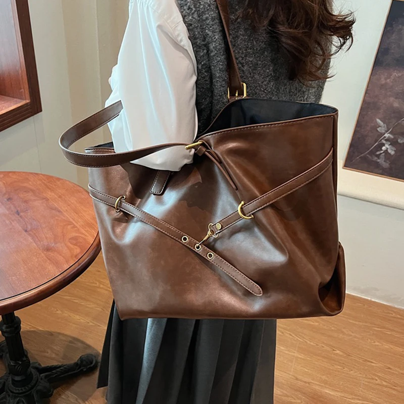 

Женская сумка-тоут из искусственной кожи Y2K, большая вместительная сумка через плечо, модные сумки в стиле ретро для путешествий, повседневного использования