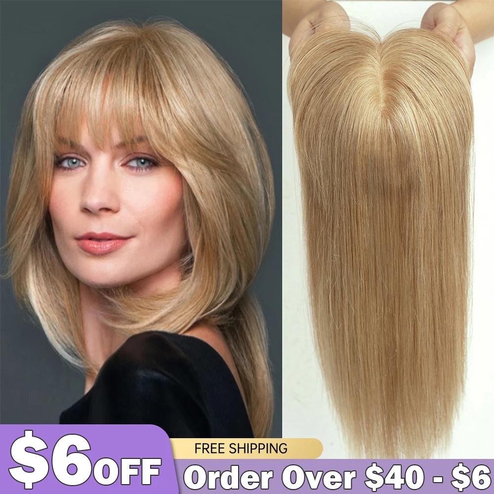 100% Remy Human Hair Toppers for Women Honey Blonde Human Hair Piece with Bang 150% Density Silk Base Clip in Topper 10/12/14\'\'