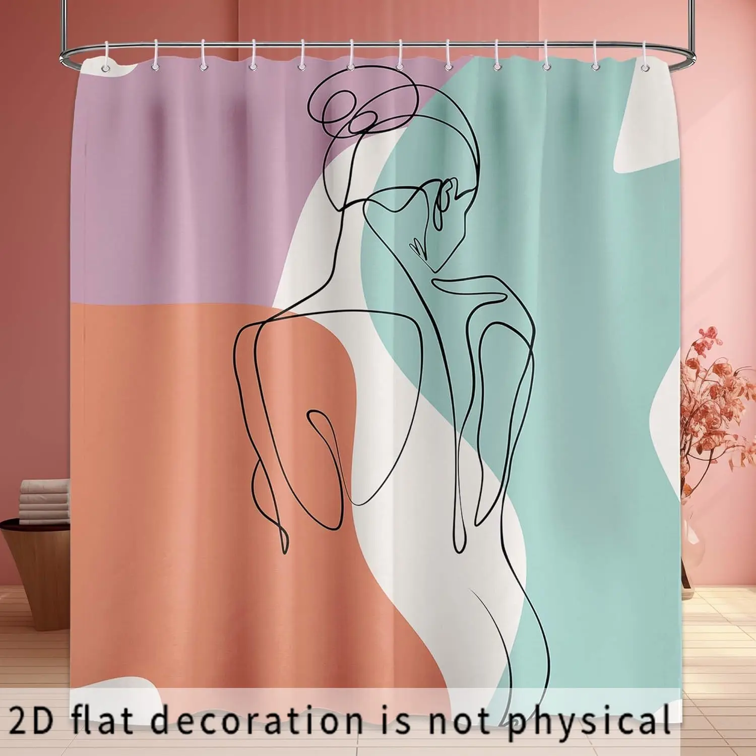 Abstract Line Art Woman Shower Curtain, Minimalist Face & Pastel Color Block Print Waterproof Bathroom Decor, Modern Nordic Home