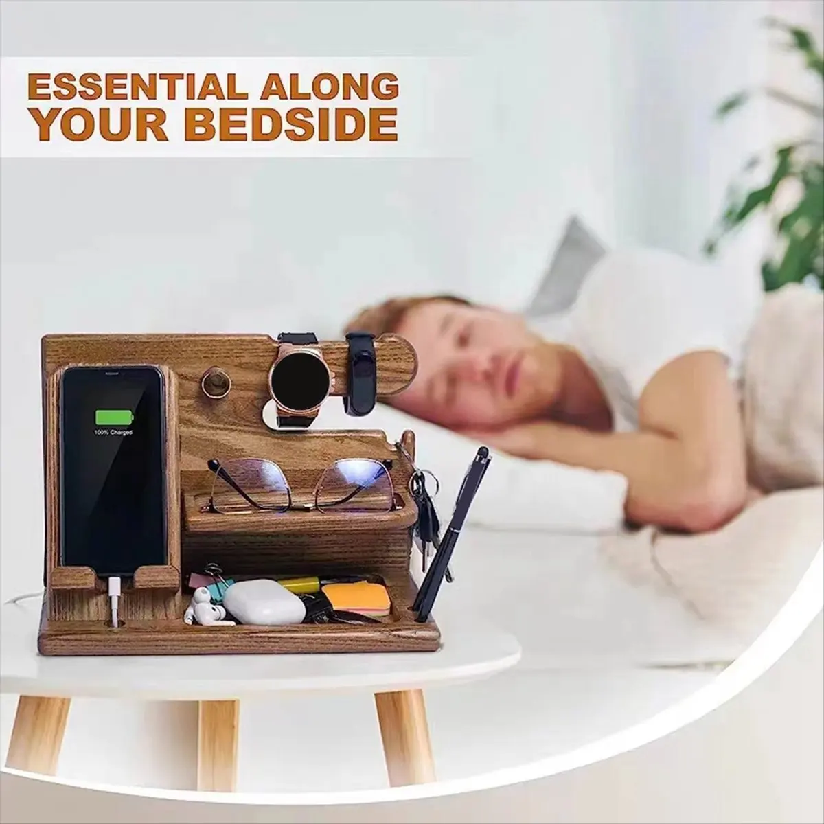 Present Multifunctional Wood Storage Rack Watches Jewelry Glasses Phone Holder Keys Organizer Wallet Stand For Entrance Cabinet