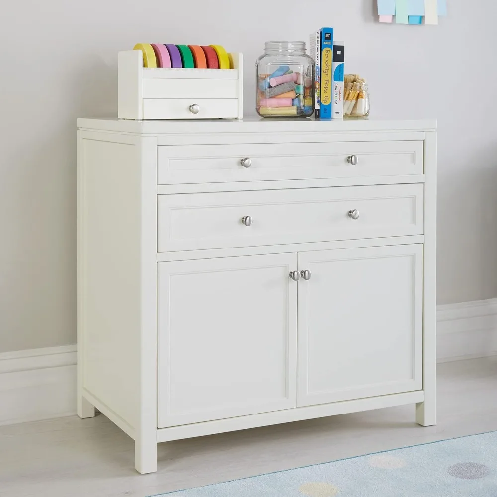 

White Linen-Style Art Storage Cabinet: Wooden Drawer Organizer for Children's Craft Supplies