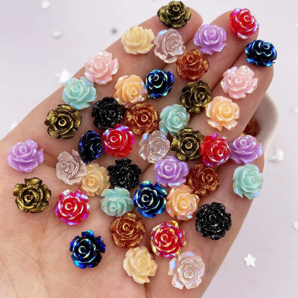 50Pcs 10mm AB Resin Glitter  Rose Flatback Flower Rhinestone Gem Scrapbook Wedding Ornament Applique Crafts DIY Nail Art SL614