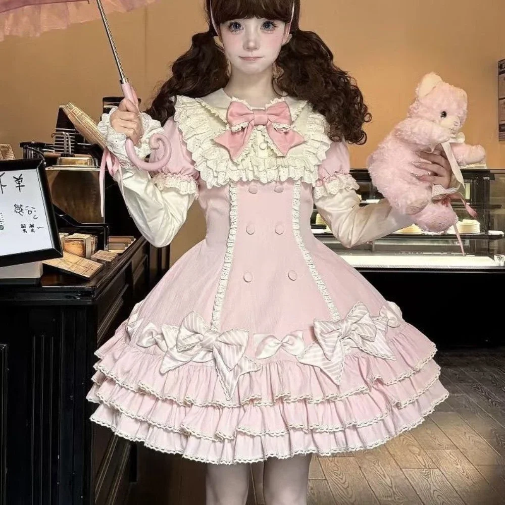 

Japanese Sweet Lolita OP Dress Women Cute Bow Ruffles Slim Waist Princess Party Dresses Elegant Miss Kawaii Doll Cake Dress