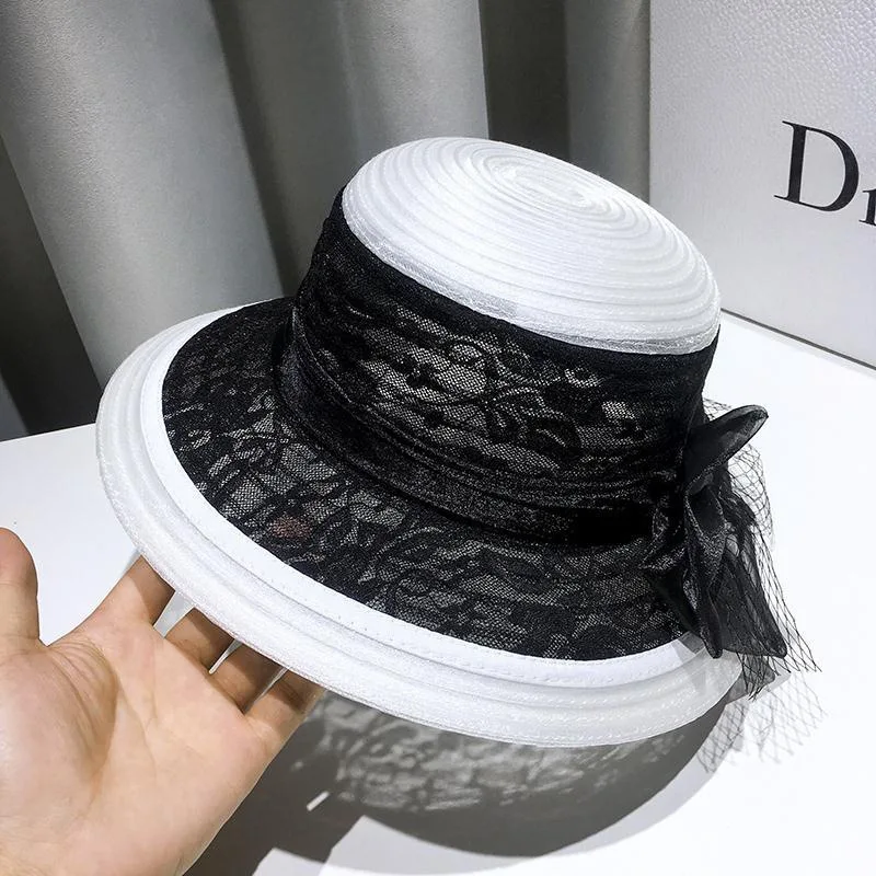 Fashion lace net yarn fisherman hat female vintage Hepburn wind patchwork color top hat elegant bow visor