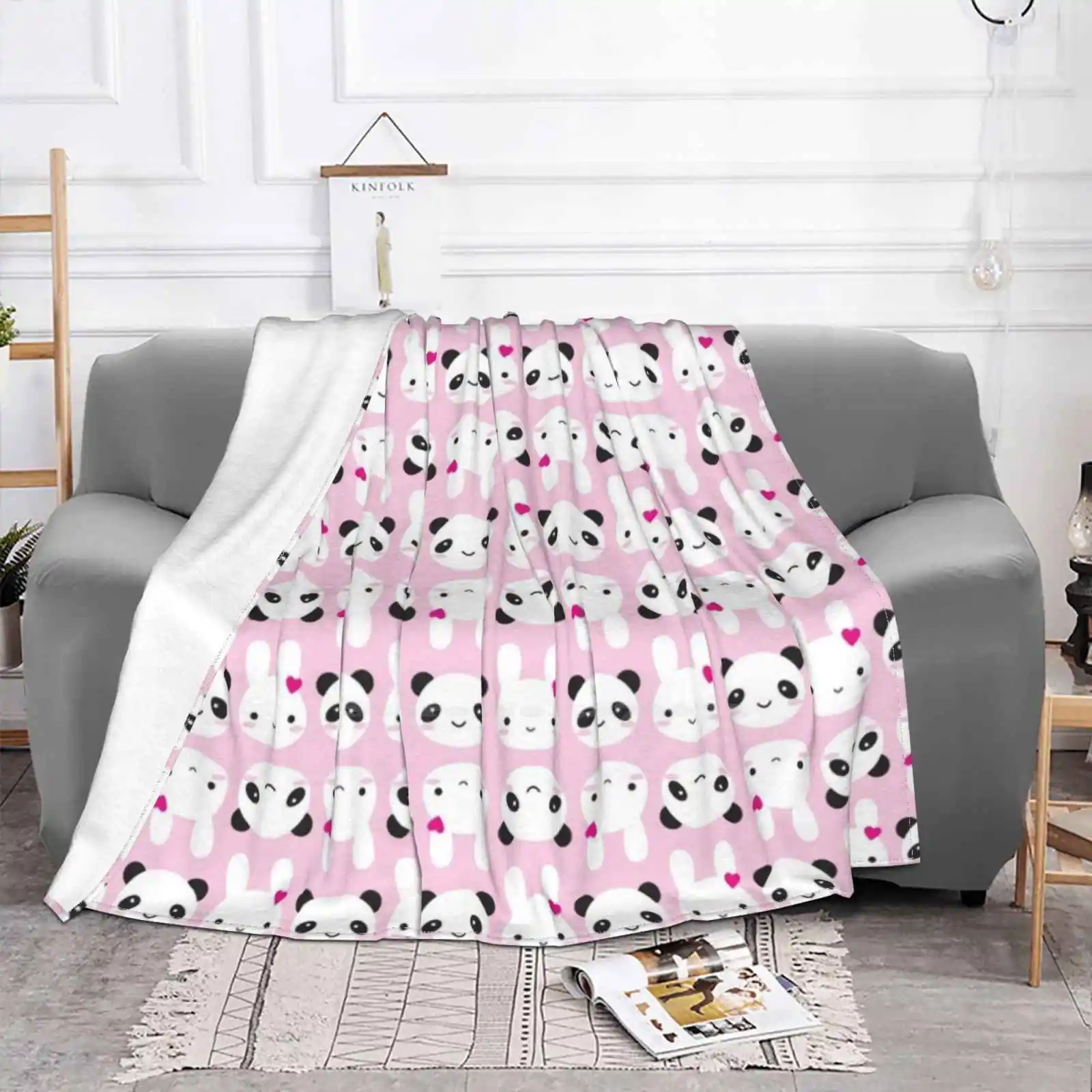 Super Cute Kawaii Bunny And Panda ( Pink ) Fashion Soft Warm Throw Blanket Bunny Rabbit Panda Bear Animals Repeat Pattern Super