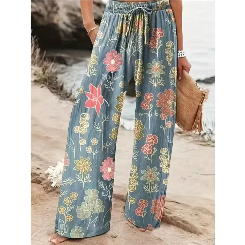 Plus size 1xl-5xl feminino verão multicolorido retro floral impresso calças casuais 3d impresso calças casuais femininas