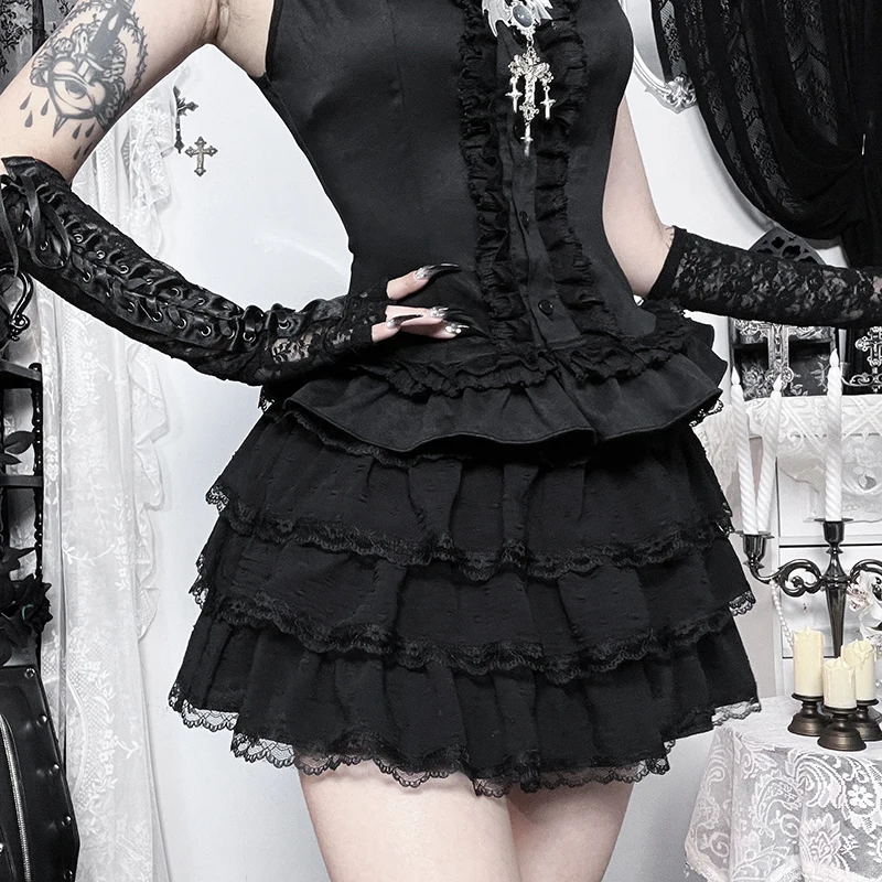 2026 New Vintage Gothic Lolita Cake Skirt Women Fairycore Sweet Cute Y2k E-girl 90s Lace Patchwork High Waist Mini Skirts Femme