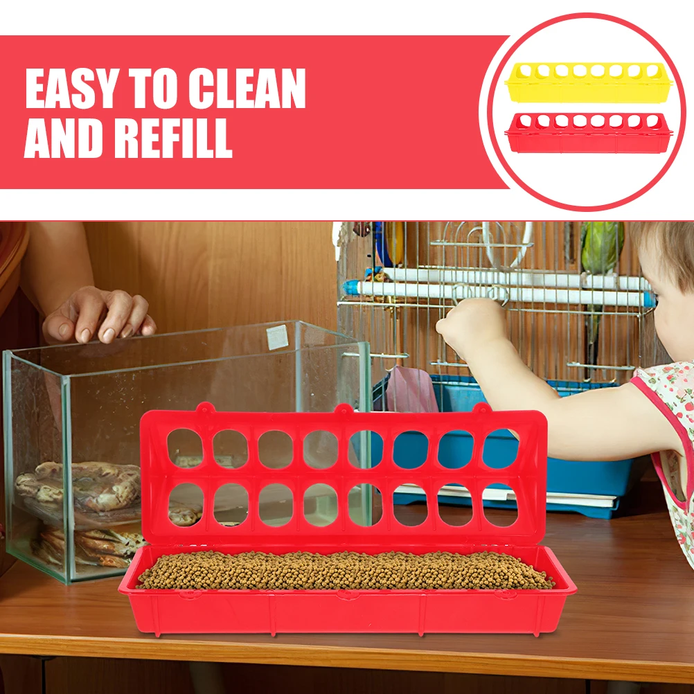 

2Pcs Chicken Feeder Long Narrow Trough Small Yellow Red Plastic Pigeon Bird Cage Food Boxes Quail Chick Feed Container Auto