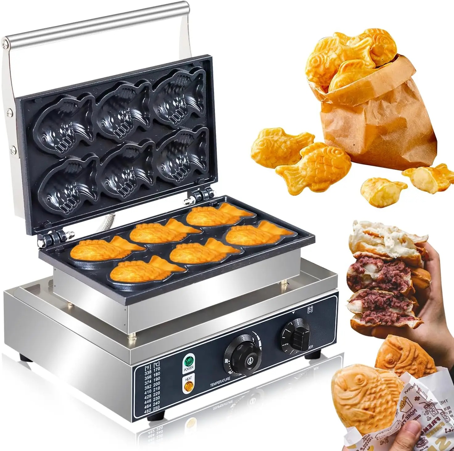 Waffle Maker Machine,1600W Non-stick Electric Japanese Fish Shaped Waffle Cones, Stainless Steel Professional Taiyaki Machine,Ma