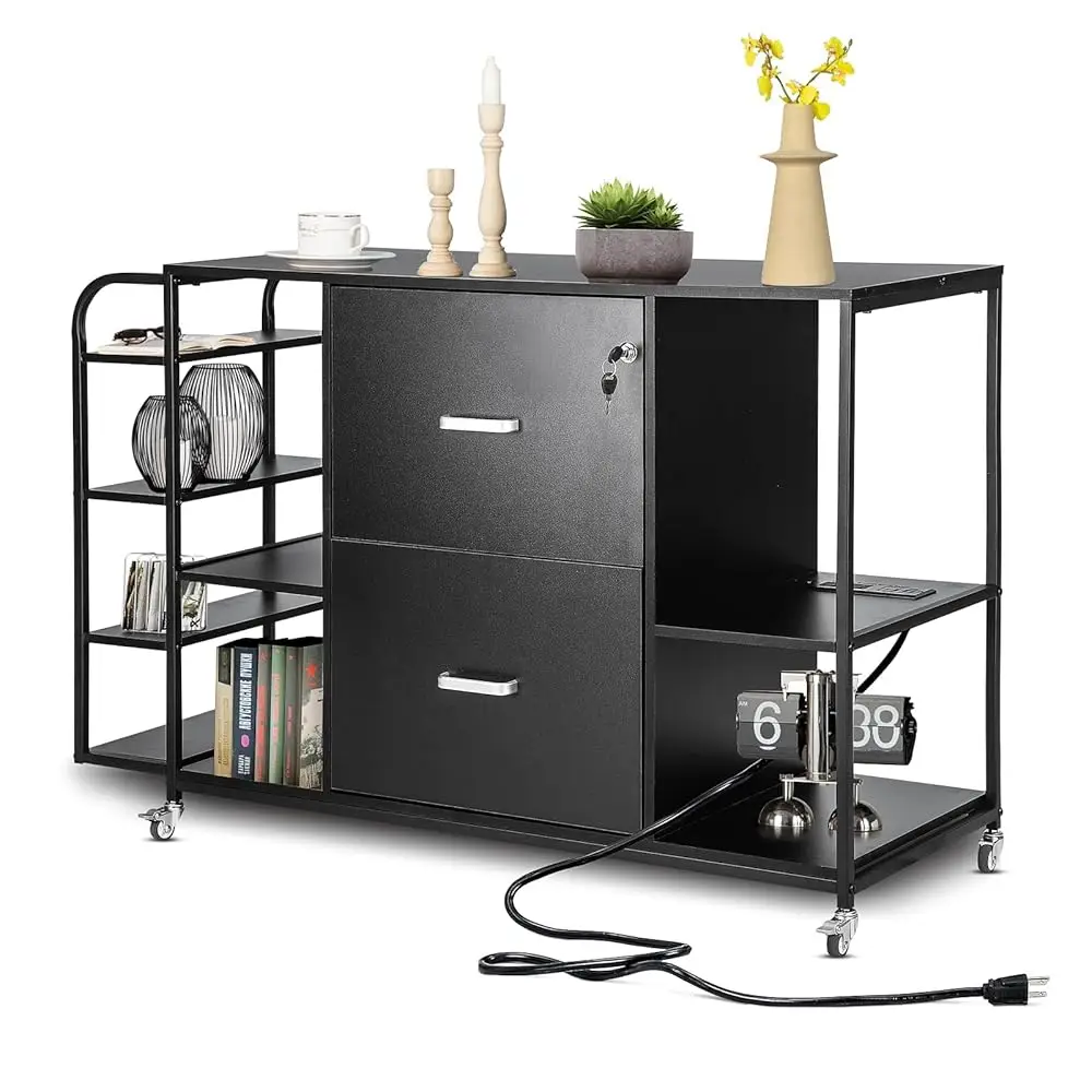 

Lateral File Cabinet, 2 Drawer Mobile Filing Cabinet With Outlet, Open Storage Side Shelves, Locking Drawer Fits