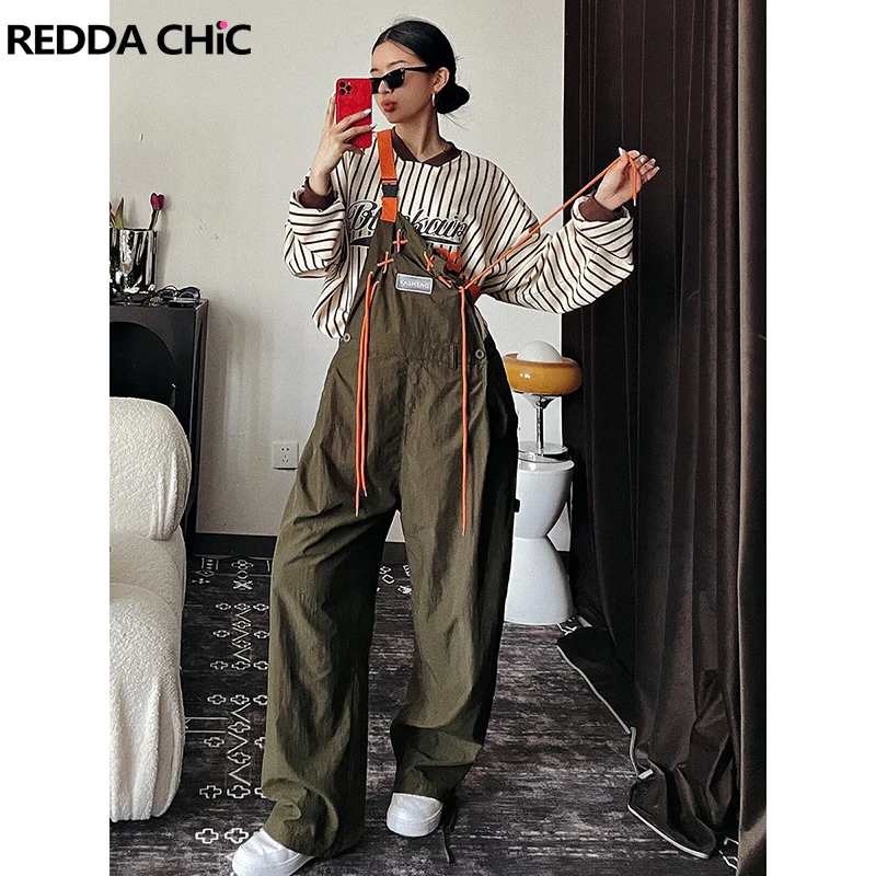 REDDACHiC Contrasting Straps Women Cargo Overalls Patchwork Vintage Y2k Drawstring Casual Wide Leg Bib Pants Jumpsuit Workwear