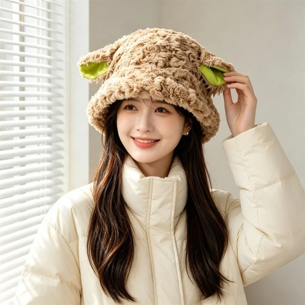 Kawaii Plush Plush Bucket Hat Fuzzy Soft Sheep Fisherman Hat Fluffy Warm Lamb Ear Hat Women