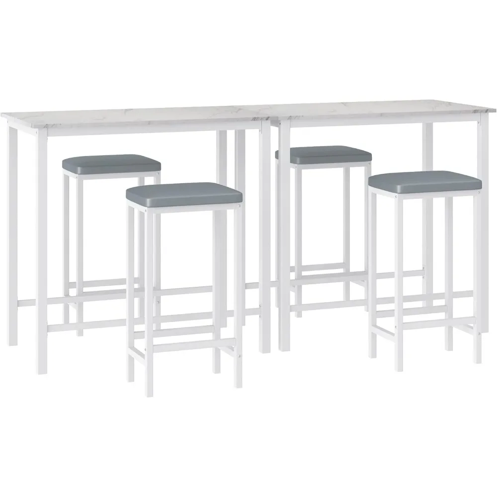

Set of 2 Bar Tables and Stools Set, 2-in-1 White Faux Marbled 6-Piece Kitchen Table Set with 4 Backless Cushioned Chairs