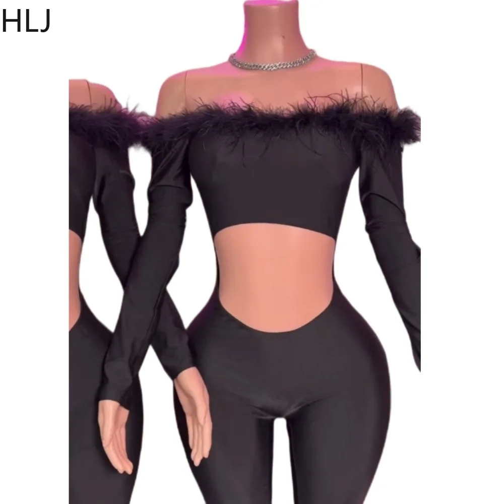 HLJ Y2K Sexy Fur Patchwork Bodycon Jumpsuits Woman Off Showlder Hollow Out Long Sleeve Rompers Female Party Streetwear Overalls