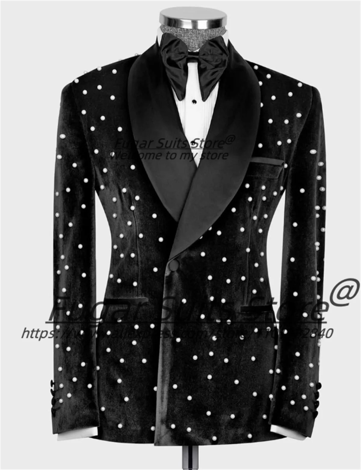 

Luxuly Black Velvet Men Suits Gorgeous pearl jewelry Groom Wedding Tuxedos 2 Pieces Sets Male Prom Blazers Elegant Costume Homme