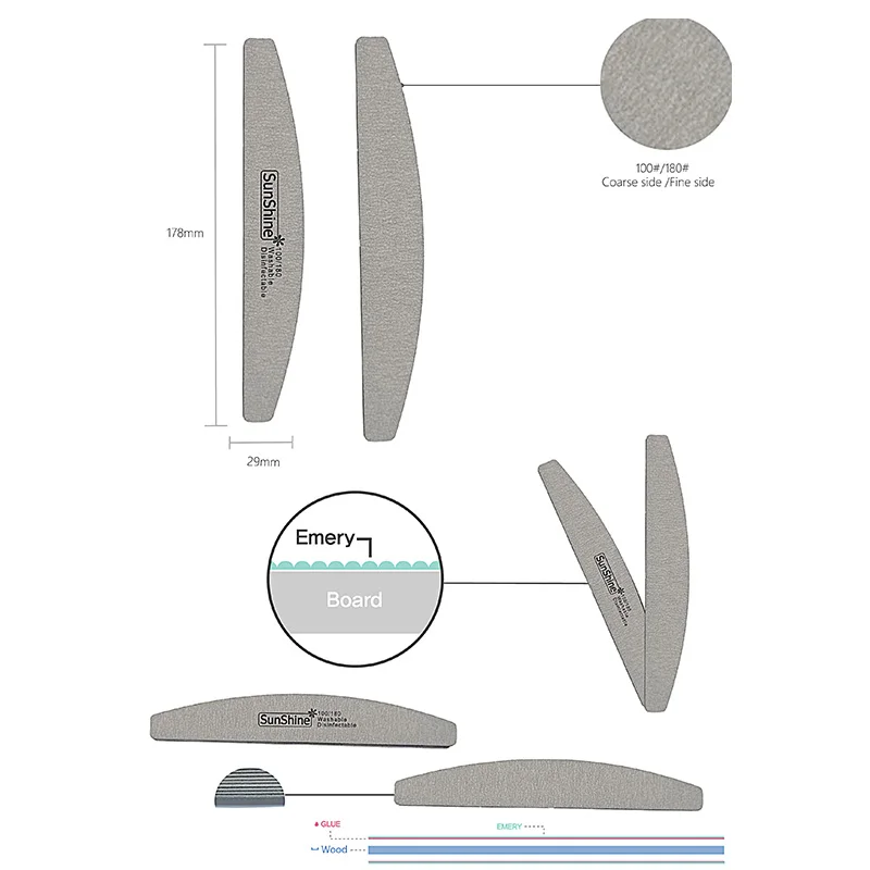 SunShine 10 Stuks Nagelvijl Houten Nail Art Schuren Buffer 100/180 Schuurpapier UV Gel Polijstmachine Manicure Pedicure Nagels Beauty tool