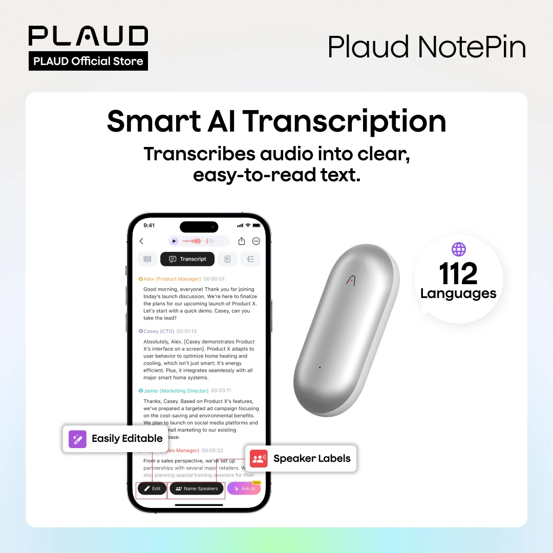 مسجل صوت PLAUD NotePin AI، جهاز ملاحظات AI يمكن ارتداؤه، النسخ الذكي والتغميق