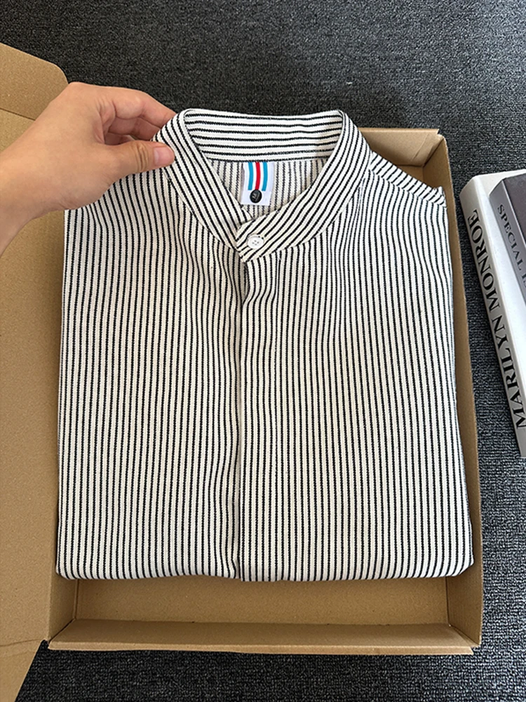 

Retro American Bla White Stripes Stand Collar Long Sve Men's irt Casual Layering Autumn High Sensation Outerwear
