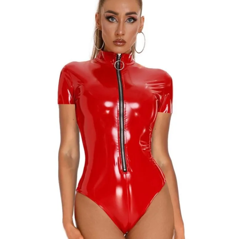 Sexy Patent Leather Bodysuit Zipper Uniform Women's Sleepwear Pure Desire Rompers Fashion Body Suits for Ladies