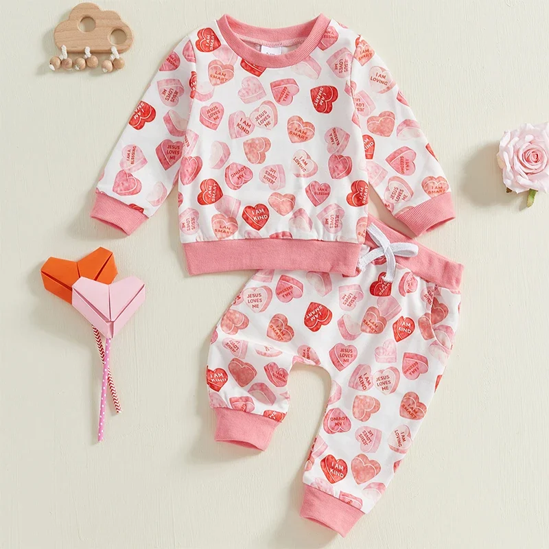 

Newborn Baby Girls Valentines Day Clothes Sets Heart Print Long Sleeve Sweatshirt Elastic Waist Long Pants 2pcs Autumn Clothes