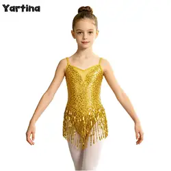 Toddler Girls Gymnastics Ballet Fringed Leotard Jumpsuits Jazz Latin Dance Performance Costume Shiny Sequins Tassel Hem Bodysuit