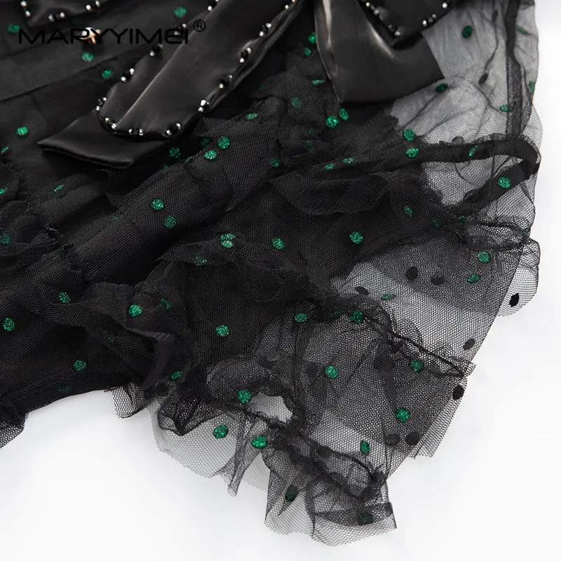 MARYYIMEI Arco Beading Botão Em Camadas Babados Vestido Feminino de Manga Curta Malha Vintage Temperamento Vestidos de Baile de Verão