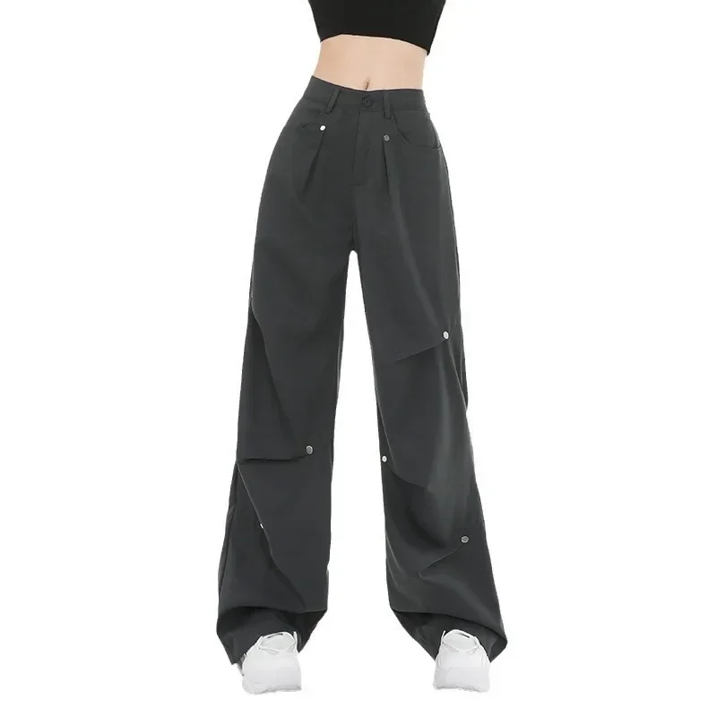 Womens Pant High Street Casual Overalls Solid Color Loose Wide Leg Pants American Retro Oversized Y2k Black Cargo Tierred Pants