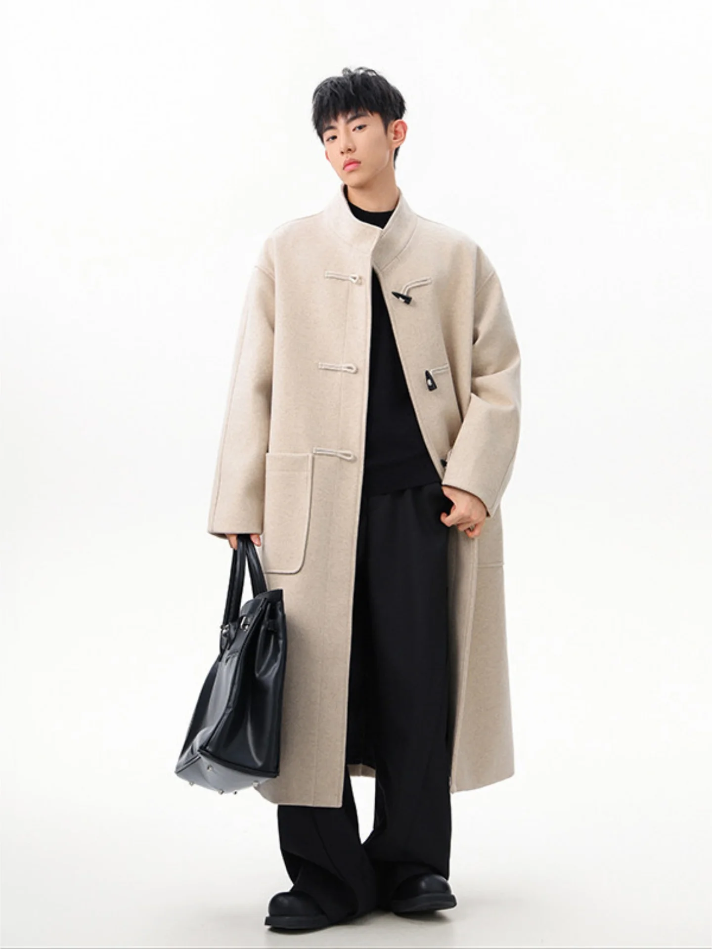 

Мужское длинное шерстяное пальто до колен с воротником-стойкой, ветрозащитное, осенне-зимнее, свободного кроя, модное, элегантное