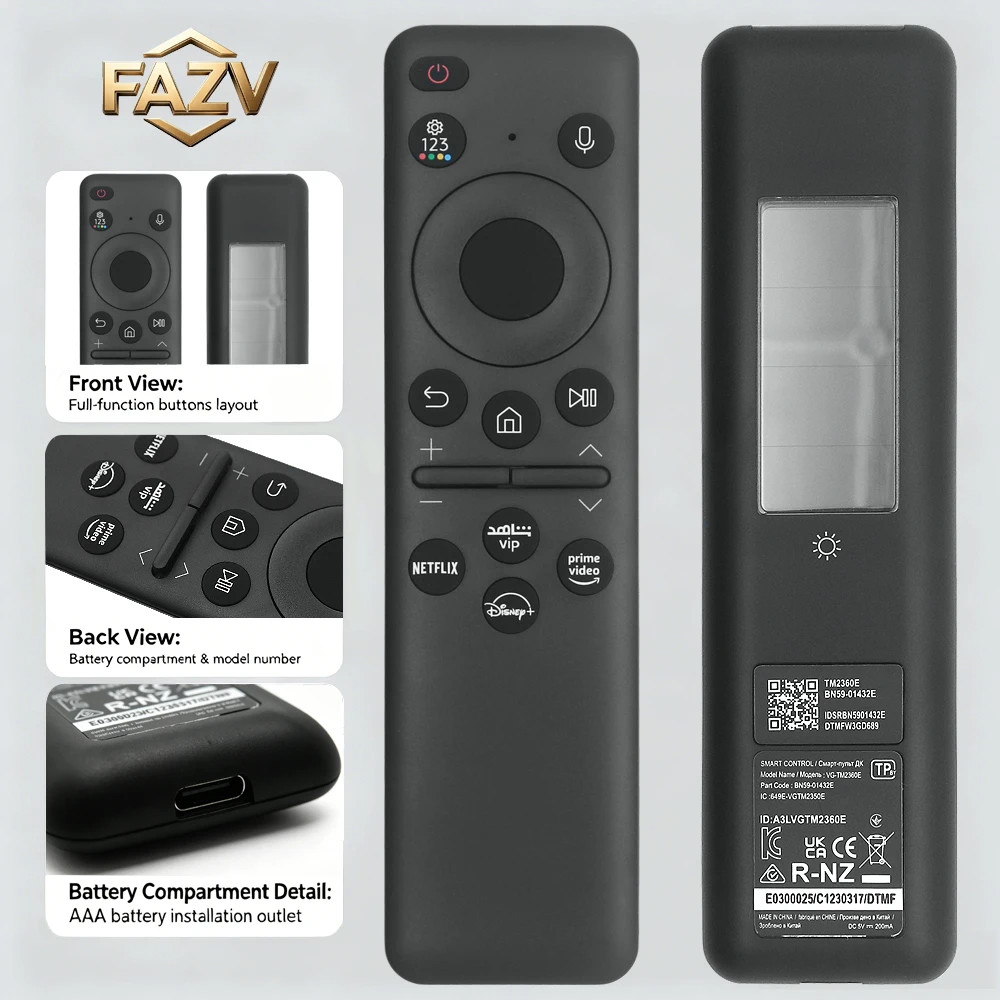 Control Remoto por Voz FAZV para Samsung BN59-01432E 2023 Neo QLED/QLED/OLED/Crystal UHD CU8000 CU8500 43/55/65/75/85" Smart TV