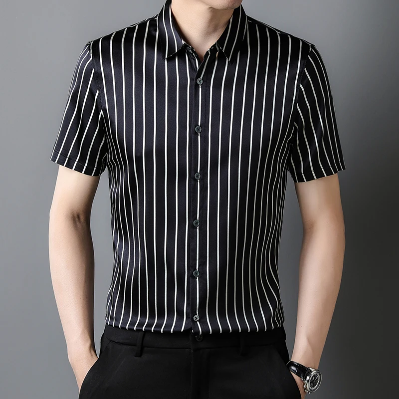 Classic Striped Real Silk Luxury Men Shirt Short Sleeve Handsome Summer Quality Soft Comfortable Premium Casual Camisa Masculina