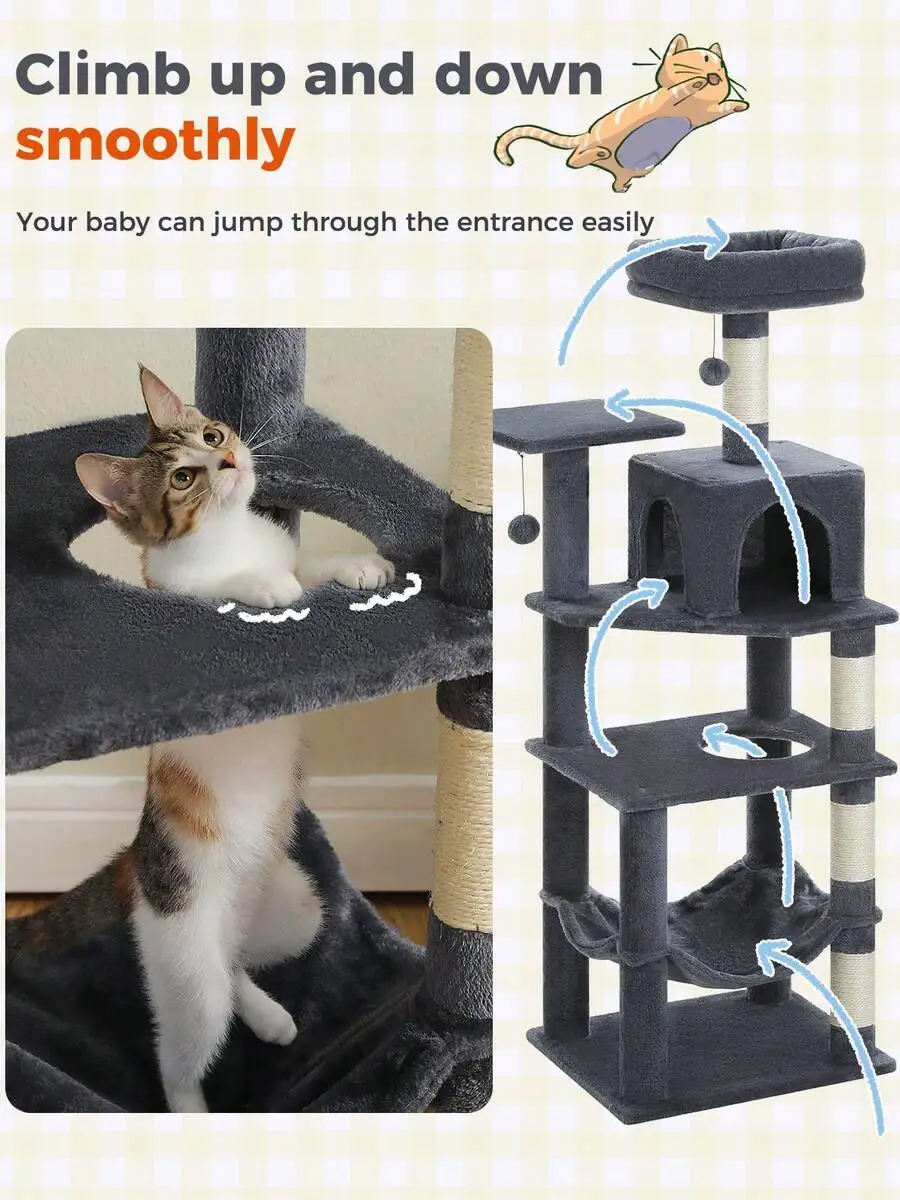 56.3'' Cat Tree For Indoor Cats, Multi-Level Cat Tower With 2 Top Perch. Cat Condo, Hammock And Sisal-Covered Scratching Post, D