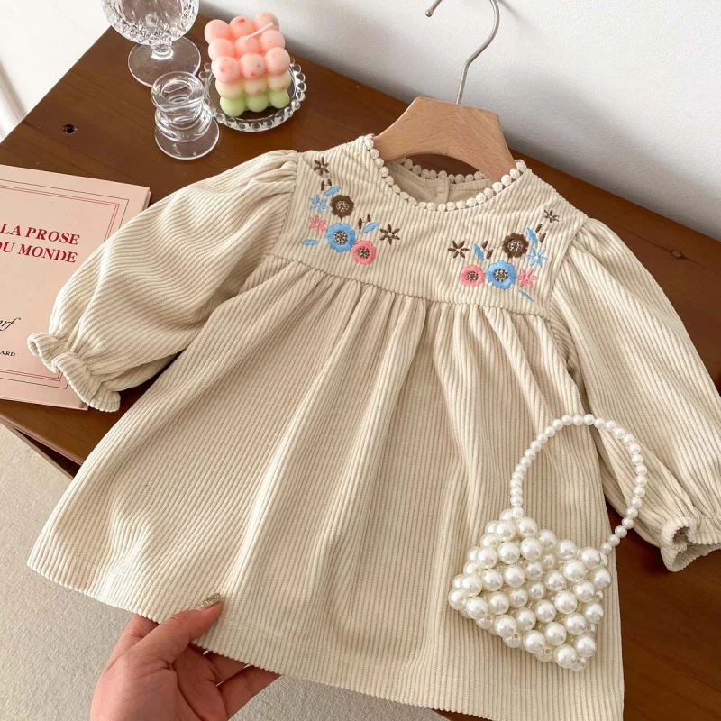 2024Spring and Autumn Baby Girl Embroidered Lace Bubble Long Sleeve Princess Dress Corduroy Skirt