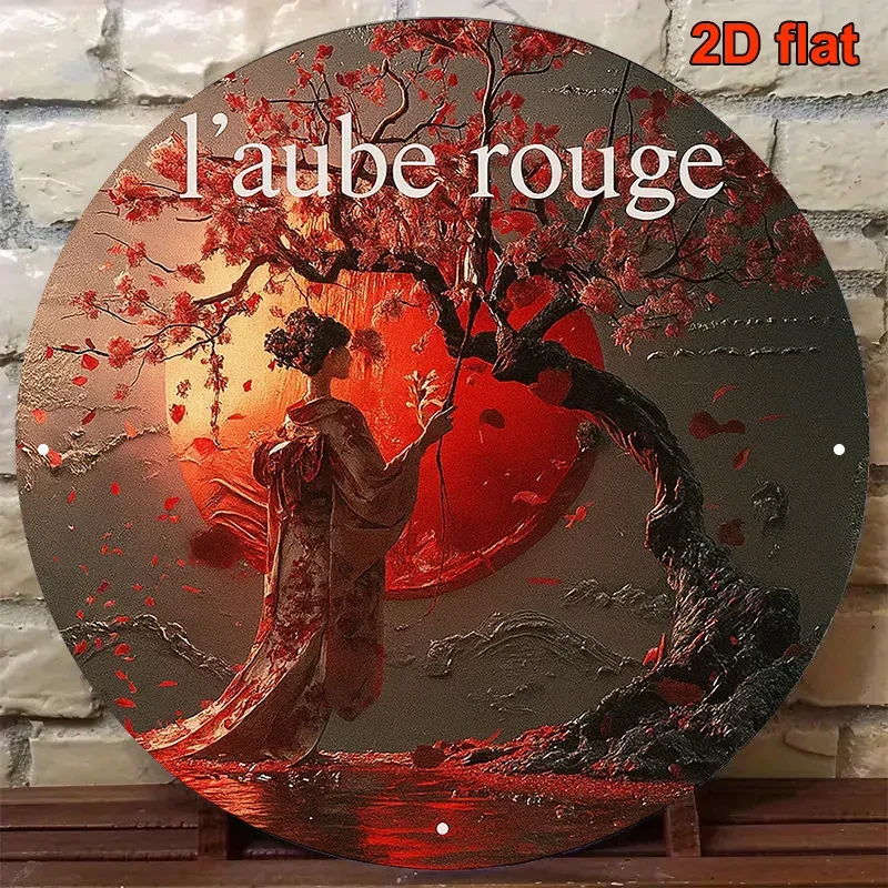 Japanese Geisha Sakura Metal Sign 8x8 Round Wall Art Red Black Vintage Cafe Decor