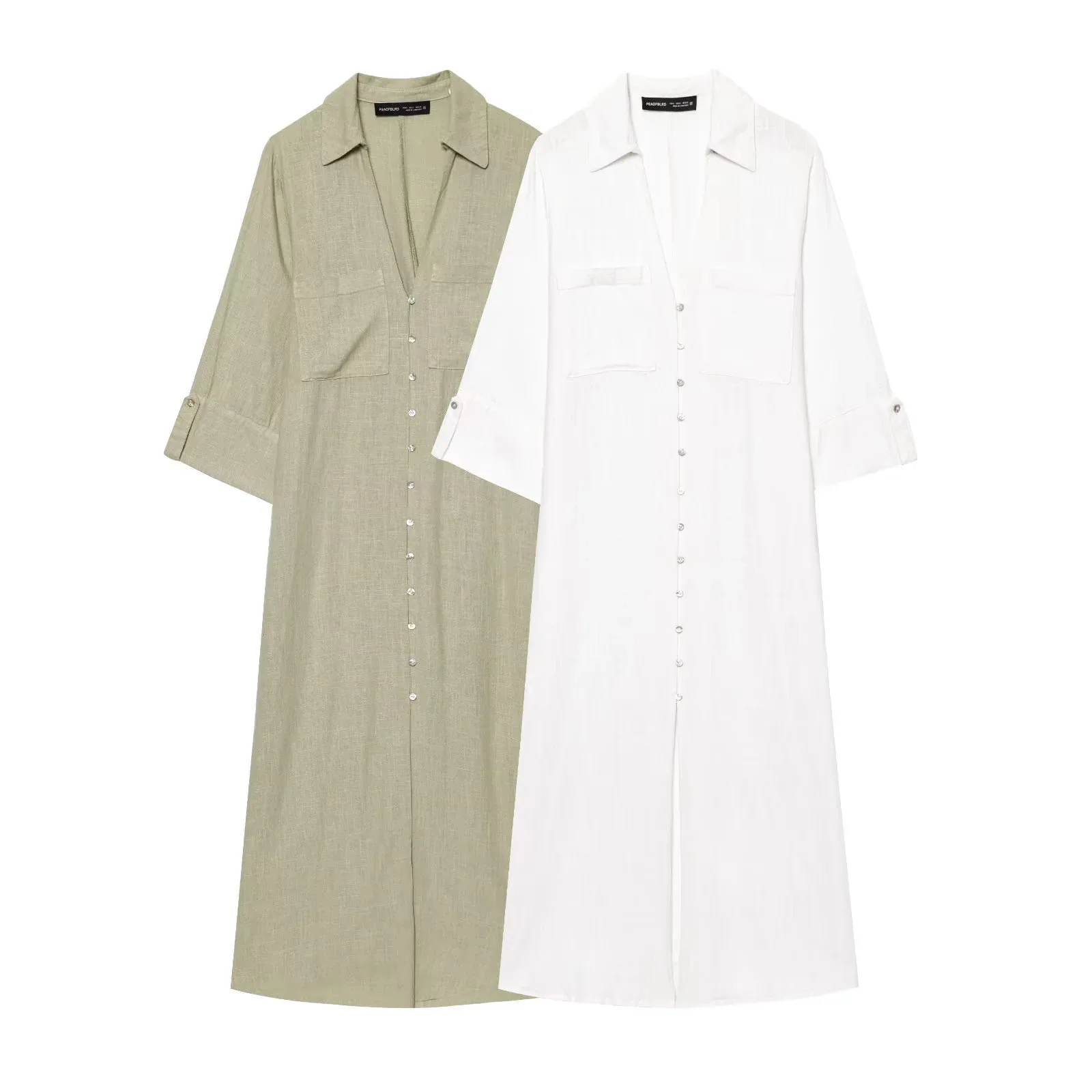 Vintage linho casual moda feminina vestido cor sólida botão meia manga fino ajuste longo vestido reto novo vestido de camisa de verão