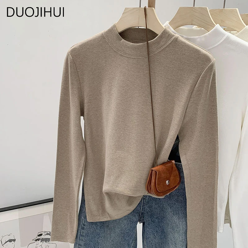 DUOJIHUI Korean Oatmeal Classic Long Sleeve Female T-shirts Autumn Basic O-neck Solid Color Fashion Simple Loose Women T-shirts