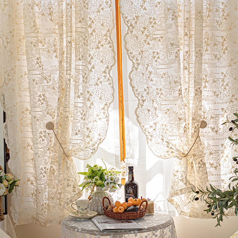 

French Cream White Double Layer Lace Gauze Tulle Pastoral Half Curtain Short Curtains Partition Door Rod Pocket 1pc