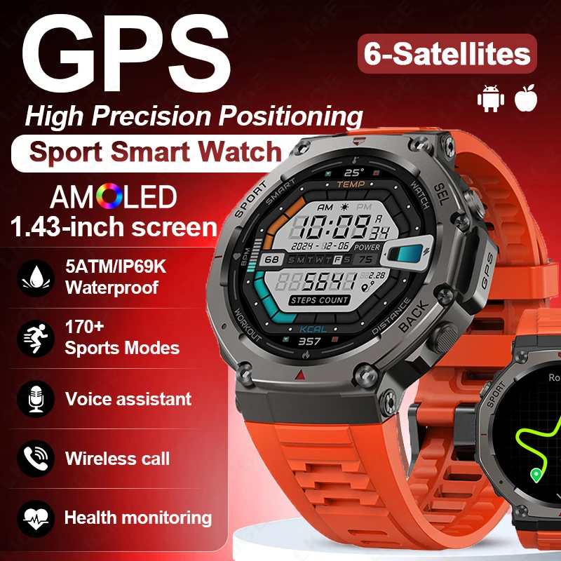 AMOLED GPS Smart Watch 5ATM Waterproof Built-in Dual-band GNSS Compass Military Sport Fitness Smartwatch Men New For Android IOS