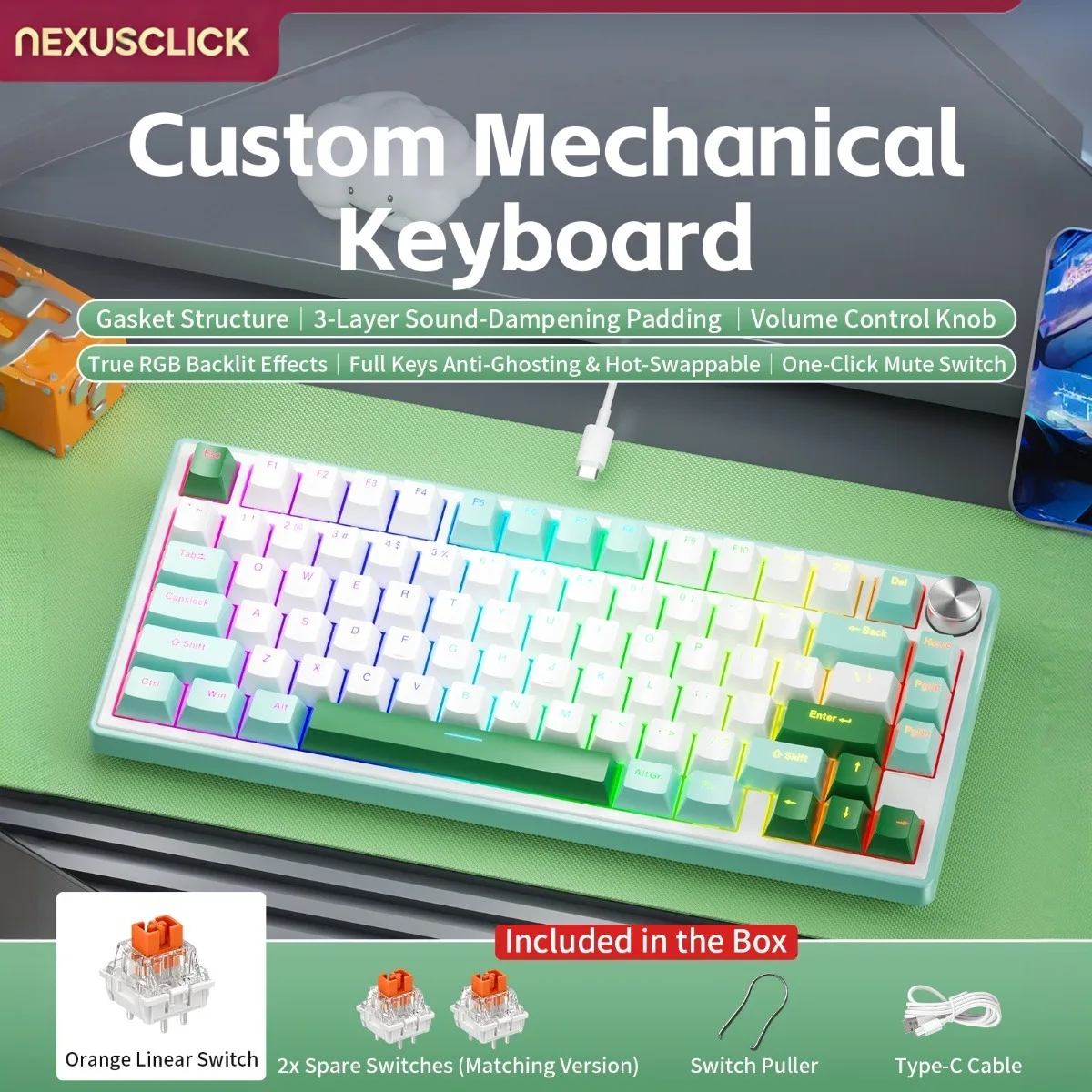 NEXUSCLICK K80 Mechanical Gaming Keyboard 80 Key Gasket Mount Hot Swappable Full Anti-Ghosting RGB Wired Custom Esports Keyboard