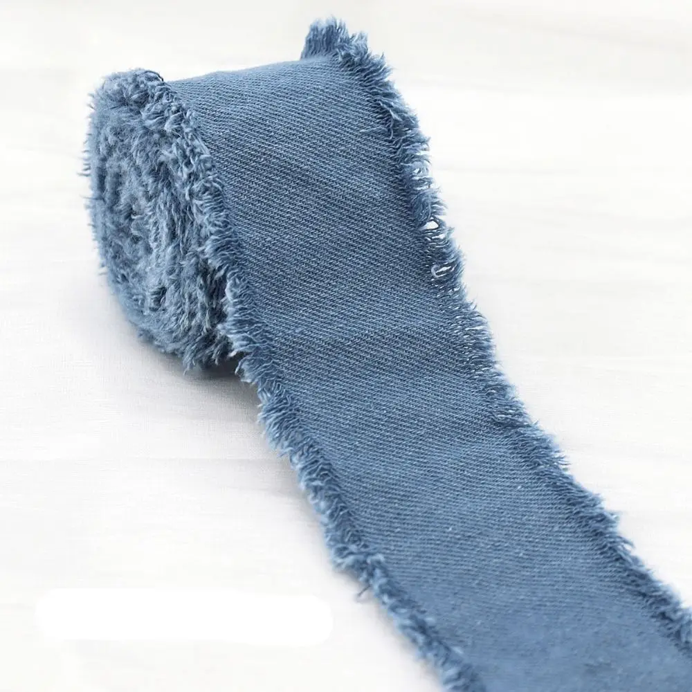 New 1.5Yards Denim Ribbon Hairclip Bows Solid Color Jeans Cloth Fabric Blue Cowboy Handmade Fringe Silk Ribbon Gift Wrapping