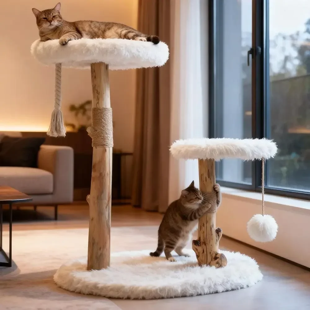 Indoor Cat Tree Tower with Natural Wooden Branches, Sisal Scratching Post, Perches, and Toy Ball for Multi-Cat Homes