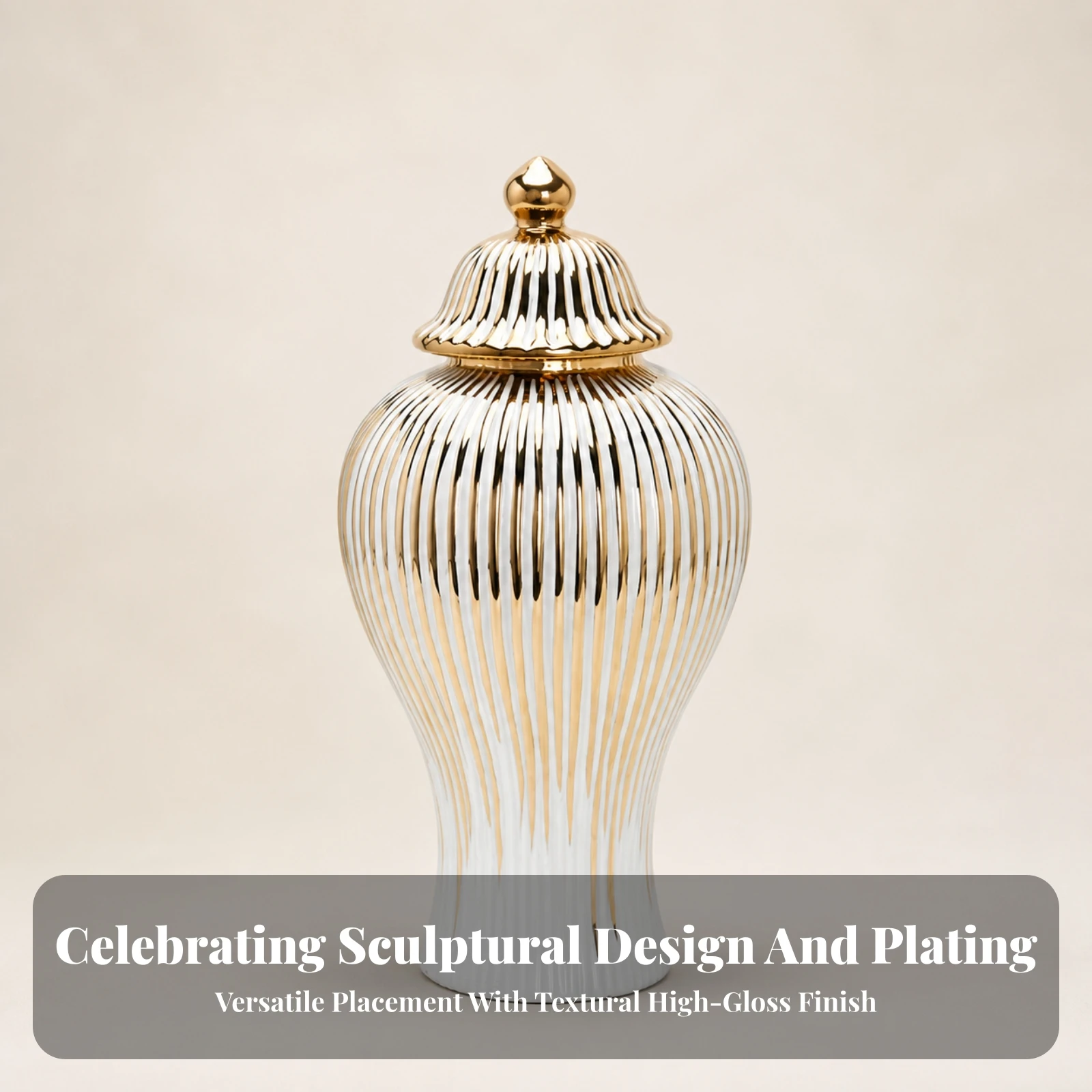 Ceramic Vase with Lid Fluted Flower Vase with Finial Decorative Ginger Jar Glossy Urn Electroplated for Entryway Console