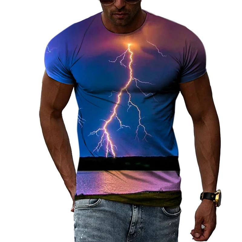 الصيف البرق المناخ الطبيعي الجرافيك تي شيرت الرجال موضة عادية المشهد نمط تي شيرت شخصية الاتجاه طباعة تي شيرت #4