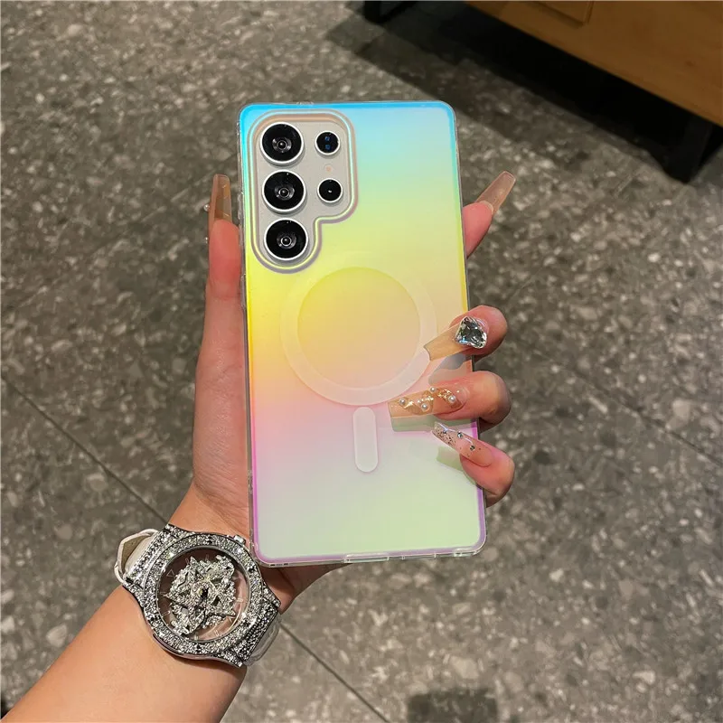 

Fashionable laser gradient rainbow magnetic case, suitable For Samsung Galaxy S25 S24FE S23 Ultra Plus matte protective case