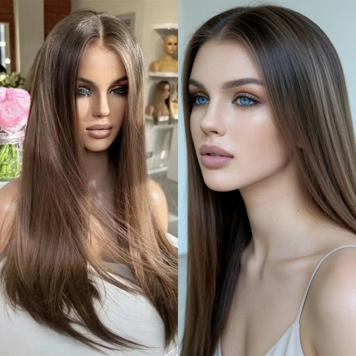 High Quality Wig Female 22Inches Natural Straight Ombre Medium Chestnut Brown with Blonde Highlights Synthetic Lace Frontal Wigs