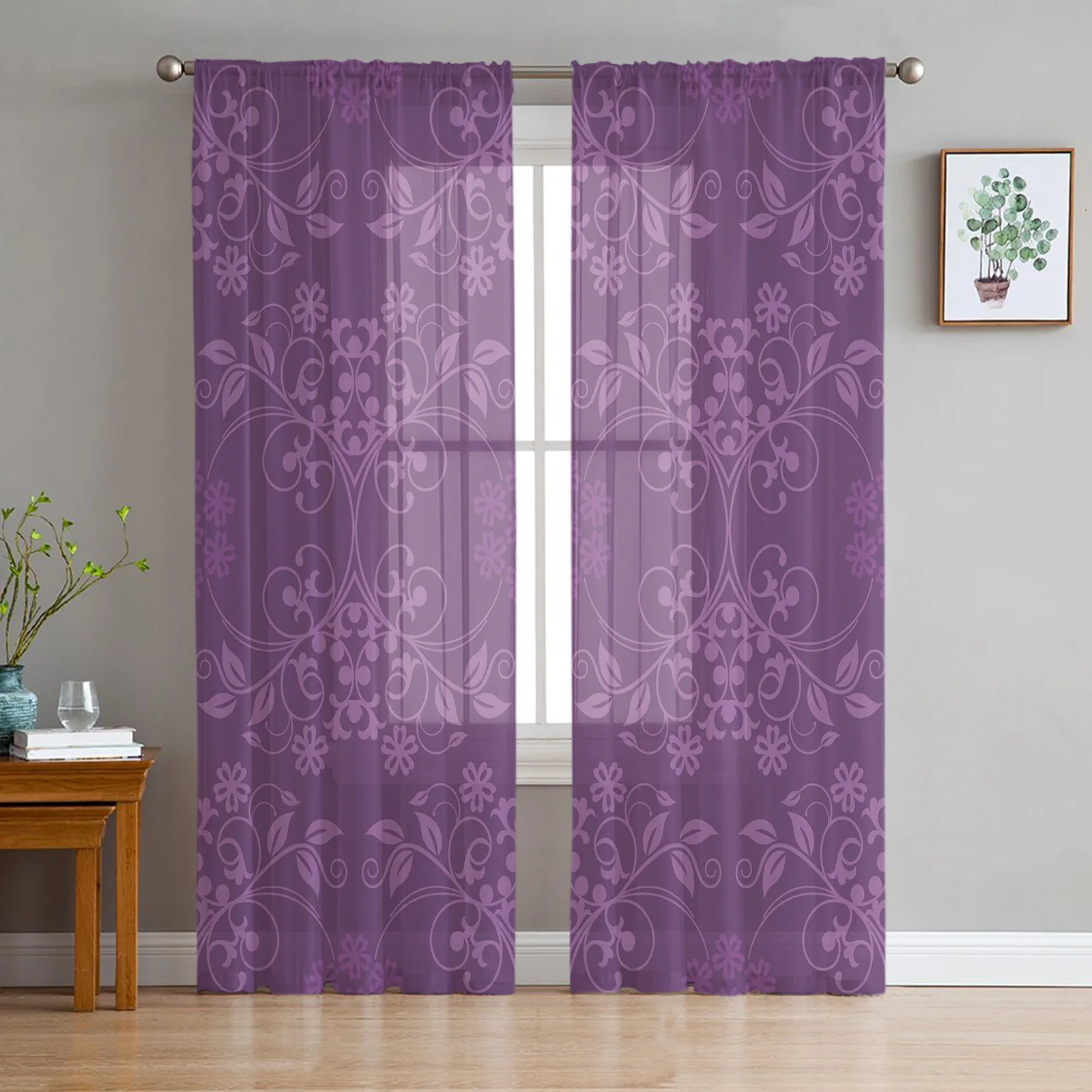 

Luxury Tulle Curtains Pattern Leaves Dense Purple Living Room Kitchen Chiffon Curtain Youth Bedroom Sheer Floor Valance Curtain