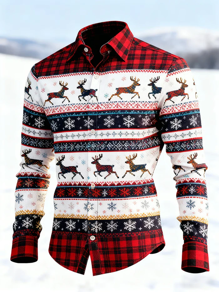 Christmas Holiday Men's Long-Sleeve Shirt with Striped Reindeer and Snowflake Print, Button-Down Jacket, Party Wear, Casual Wear