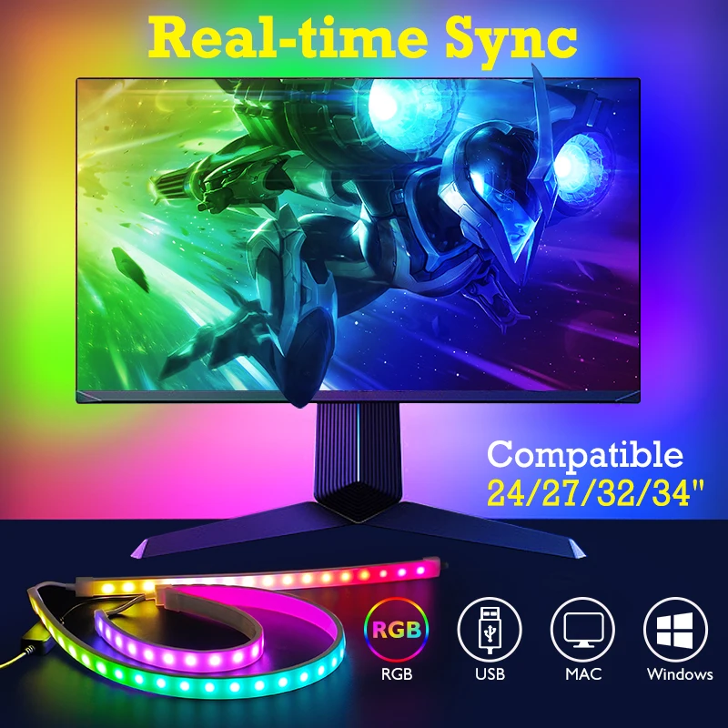 

24/27/32/34Inch Computer Monitor Ambient Strip Light,Screen Color Sync LED Light,PC Monitor Backlight,Esports Monitor Backlight