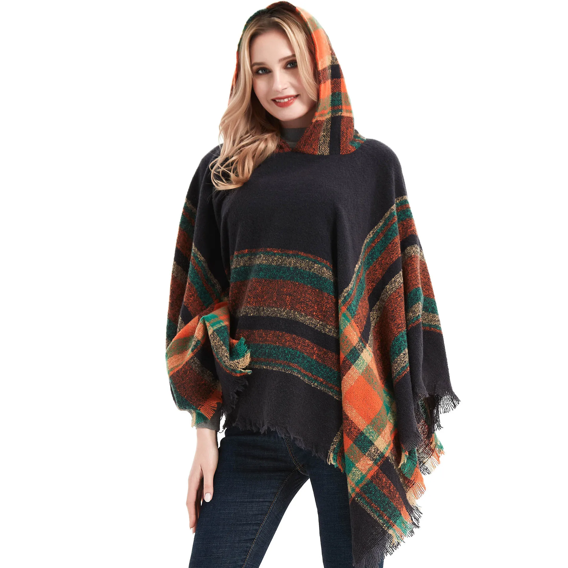 

Autumn Women Cape Coat Cashmere Fringe Poncho Oblique Stripe Vintage Cloak Coat Bohemian Shawl Hooded Shawl Man Streetwear E970