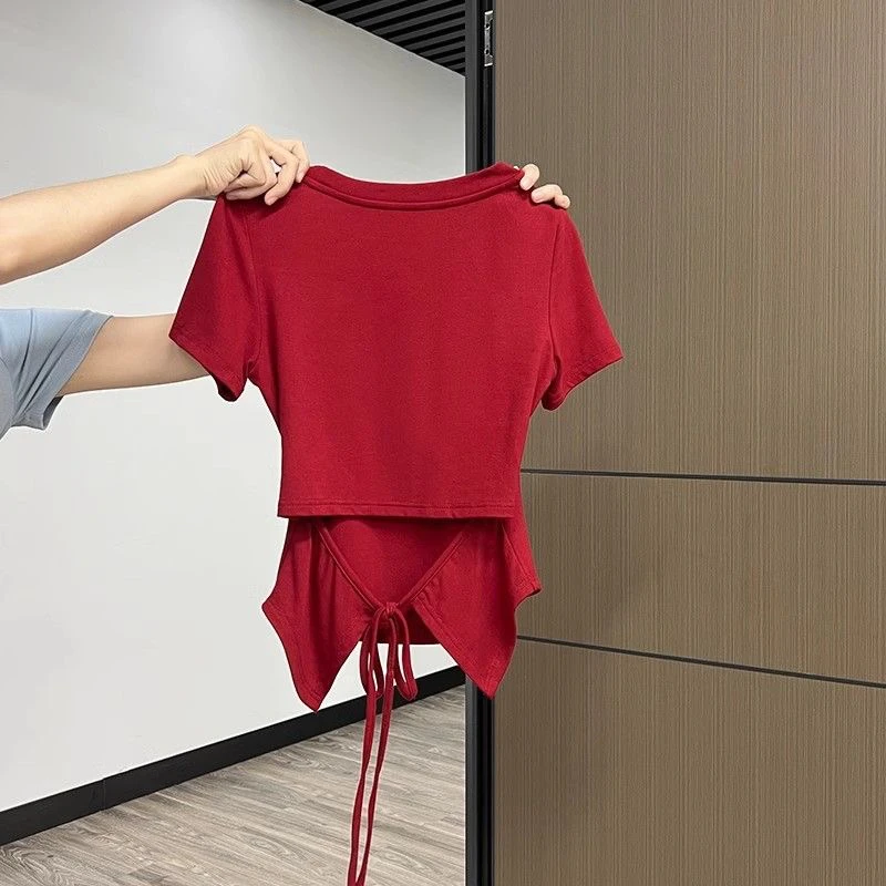 Couleur Pure longueur d'épaule ort Sve rond Ne T-shirt femme taille cintrée haut d'été Faion Sensation Ba cravate Design