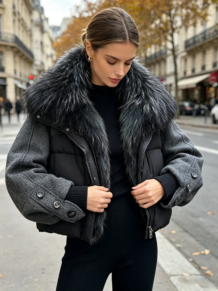 Lagabogy 2026 Natural Real Fur Collar Down Coat Women Thick Puffer Jacket Autumn Winter Loose Patchwork Sleeves Female Parkas